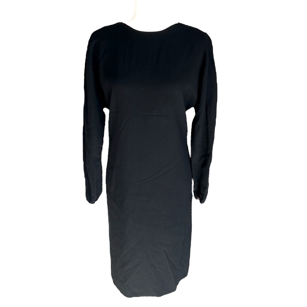 Jean Muir London Vintage 1980s Black Wool Crepe Long Sleeve Shift Dress - 12